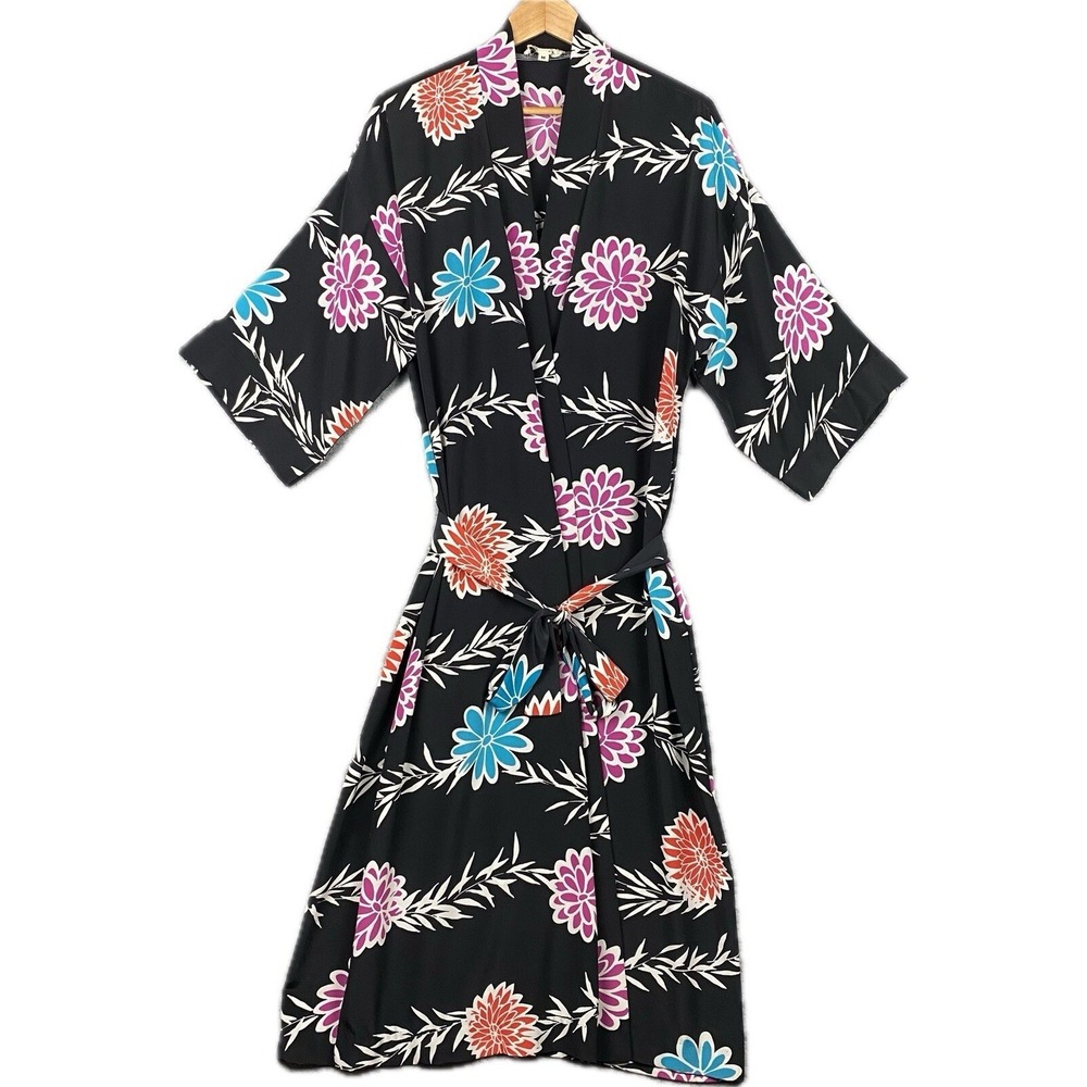 VTG Christian Dior Loungewear Robe‎ Black M Belted Floral Made in USA *READ